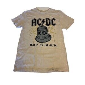 ACDC Shirt Men Small Cream Band Tee Rock & Roll Back in Black Hells Bells